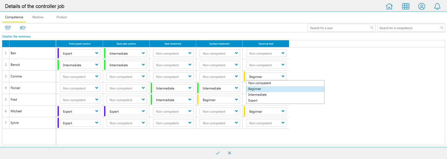 The matrix of competences set up in the polycompetence module of the Qualaxy Suite